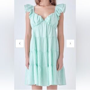 English Factory Green & White Gingham Printed Tiered Mini Dress Small